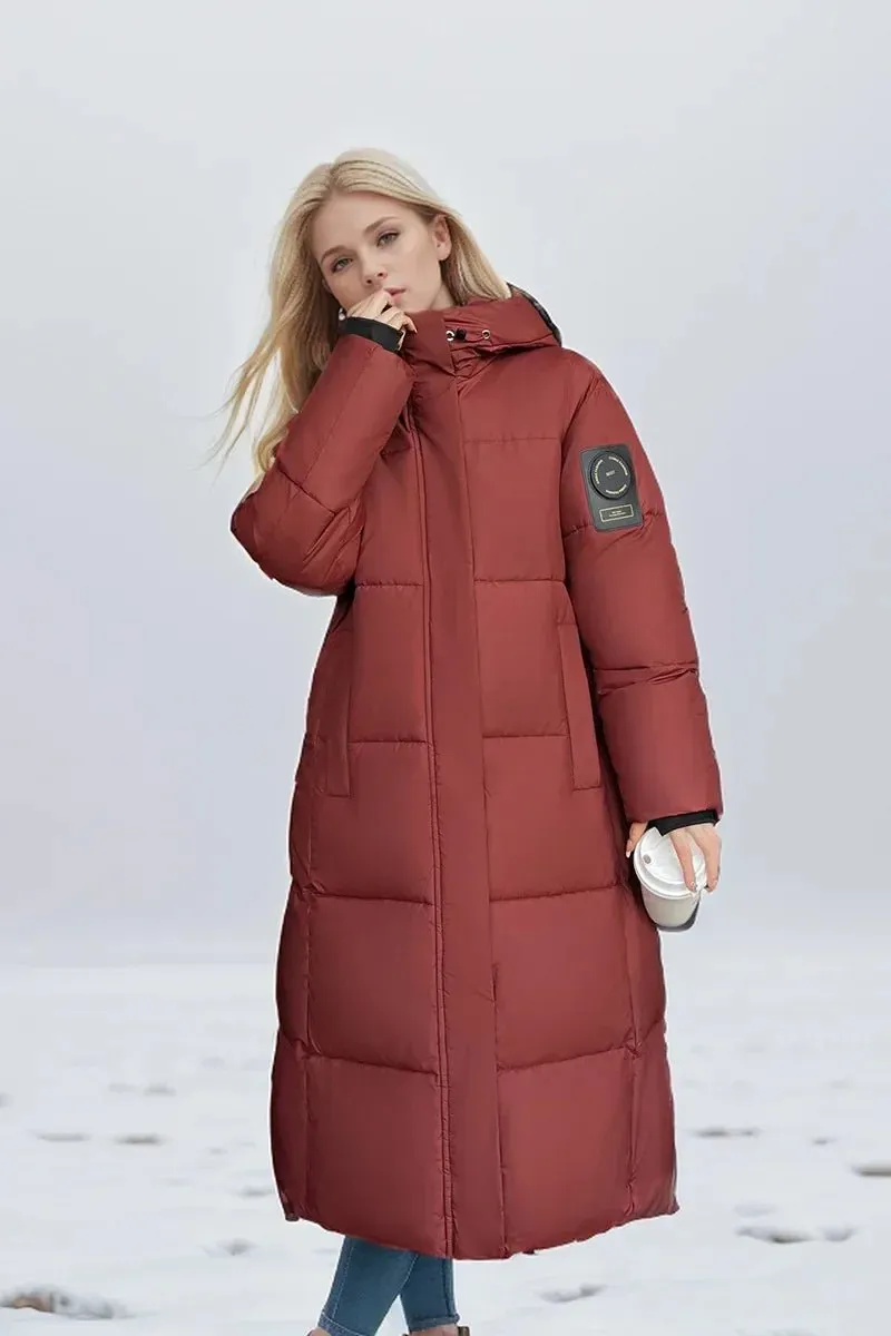 2024 neue Verdicken Schnee Parkas Mode Winddicht Glänzend Unten Baumwolle Mit Kapuze Frauen Jacke Winter Lose Lange Mantel Kleidung Damen
