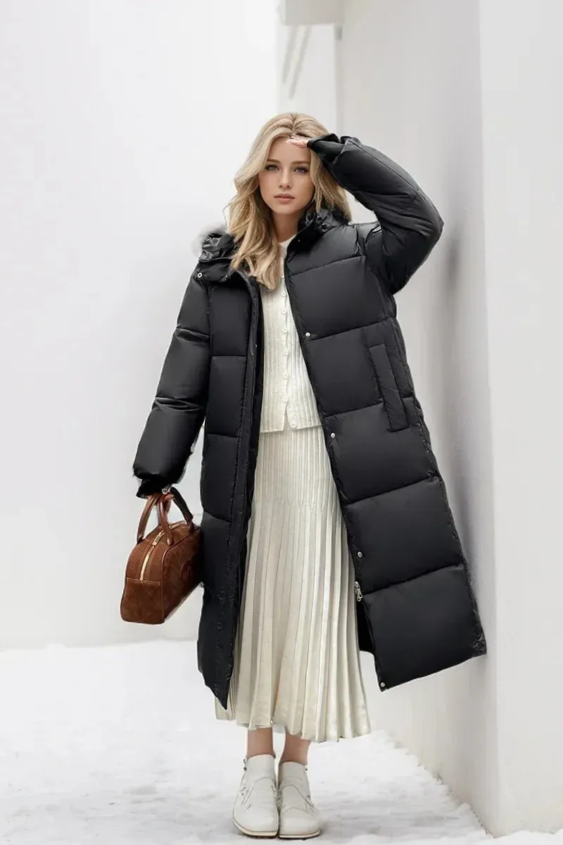 2024 neue Verdicken Schnee Parkas Mode Winddicht Glänzend Unten Baumwolle Mit Kapuze Frauen Jacke Winter Lose Lange Mantel Kleidung Damen