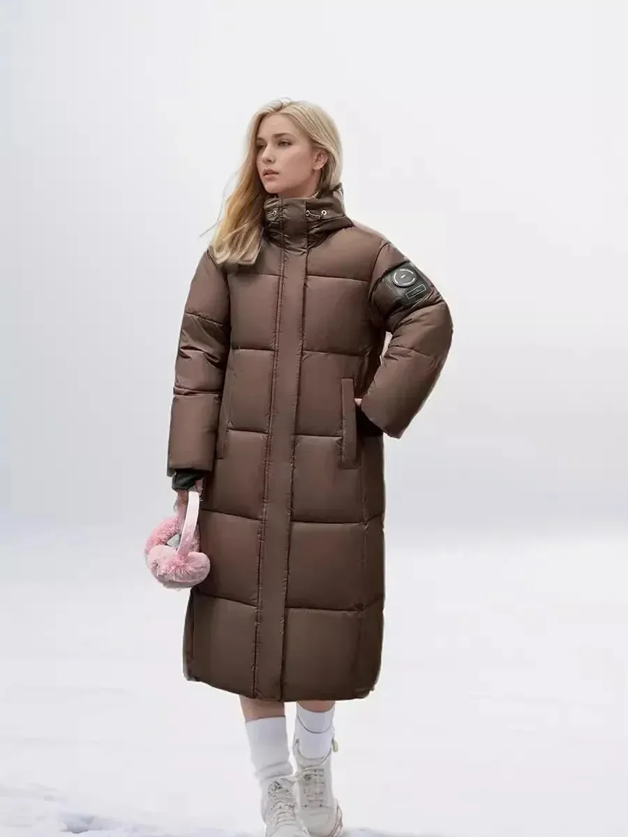 2024 neue Verdicken Schnee Parkas Mode Winddicht Glänzend Unten Baumwolle Mit Kapuze Frauen Jacke Winter Lose Lange Mantel Kleidung Damen
