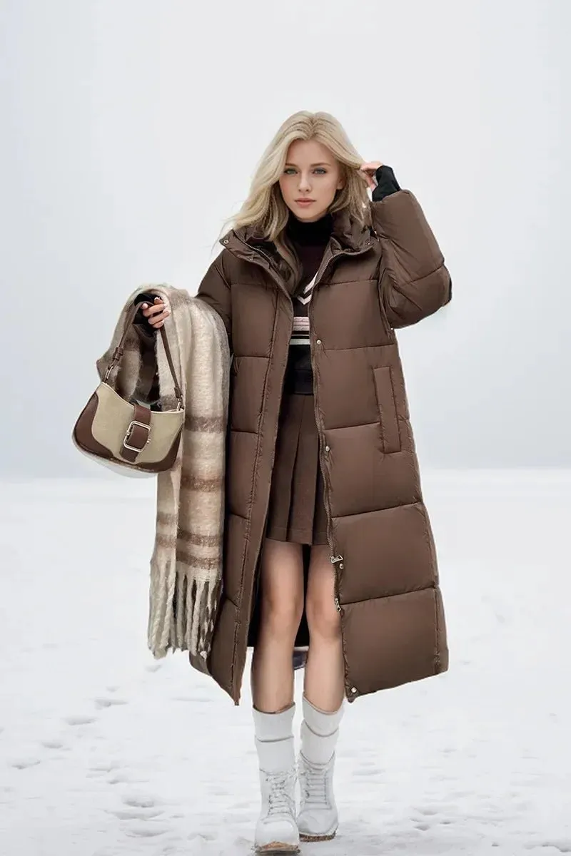 2024 neue Verdicken Schnee Parkas Mode Winddicht Glänzend Unten Baumwolle Mit Kapuze Frauen Jacke Winter Lose Lange Mantel Kleidung Damen
