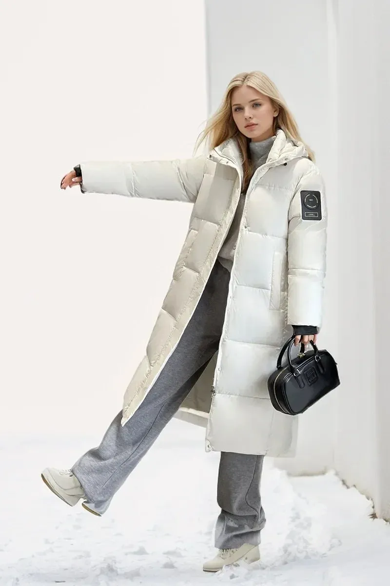2024 neue Verdicken Schnee Parkas Mode Winddicht Glänzend Unten Baumwolle Mit Kapuze Frauen Jacke Winter Lose Lange Mantel Kleidung Damen