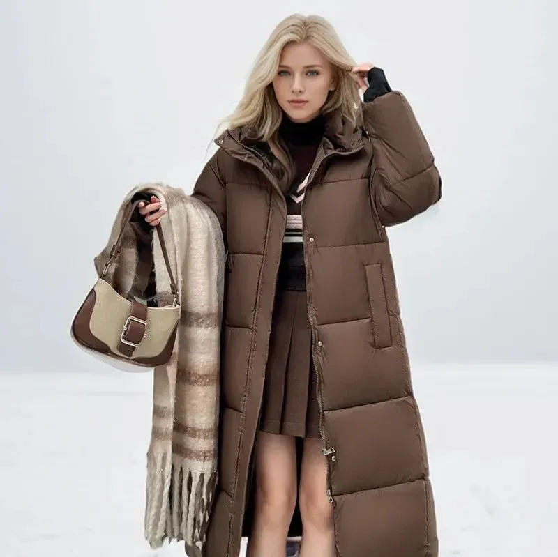 2024 neue Verdicken Schnee Parkas Mode Winddicht Glänzend Unten Baumwolle Mit Kapuze Frauen Jacke Winter Lose Lange Mantel Kleidung Damen