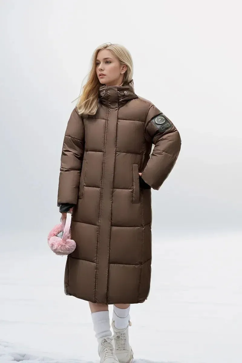 2024 neue Verdicken Schnee Parkas Mode Winddicht Glänzend Unten Baumwolle Mit Kapuze Frauen Jacke Winter Lose Lange Mantel Kleidung Damen
