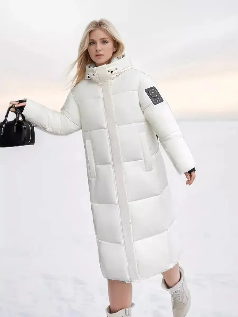 2024 neue Verdicken Schnee Parkas Mode Winddicht Glänzend Unten Baumwolle Mit Kapuze Frauen Jacke Winter Lose Lange Mantel Kleidung Damen