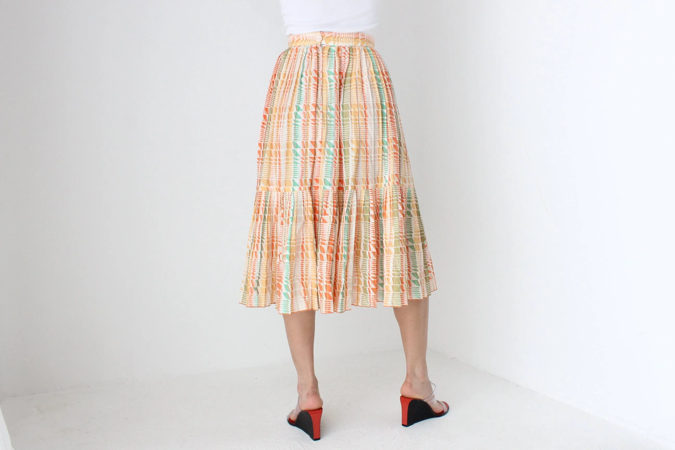 80s Pastel Checked Print Pleated High Waist Skirt