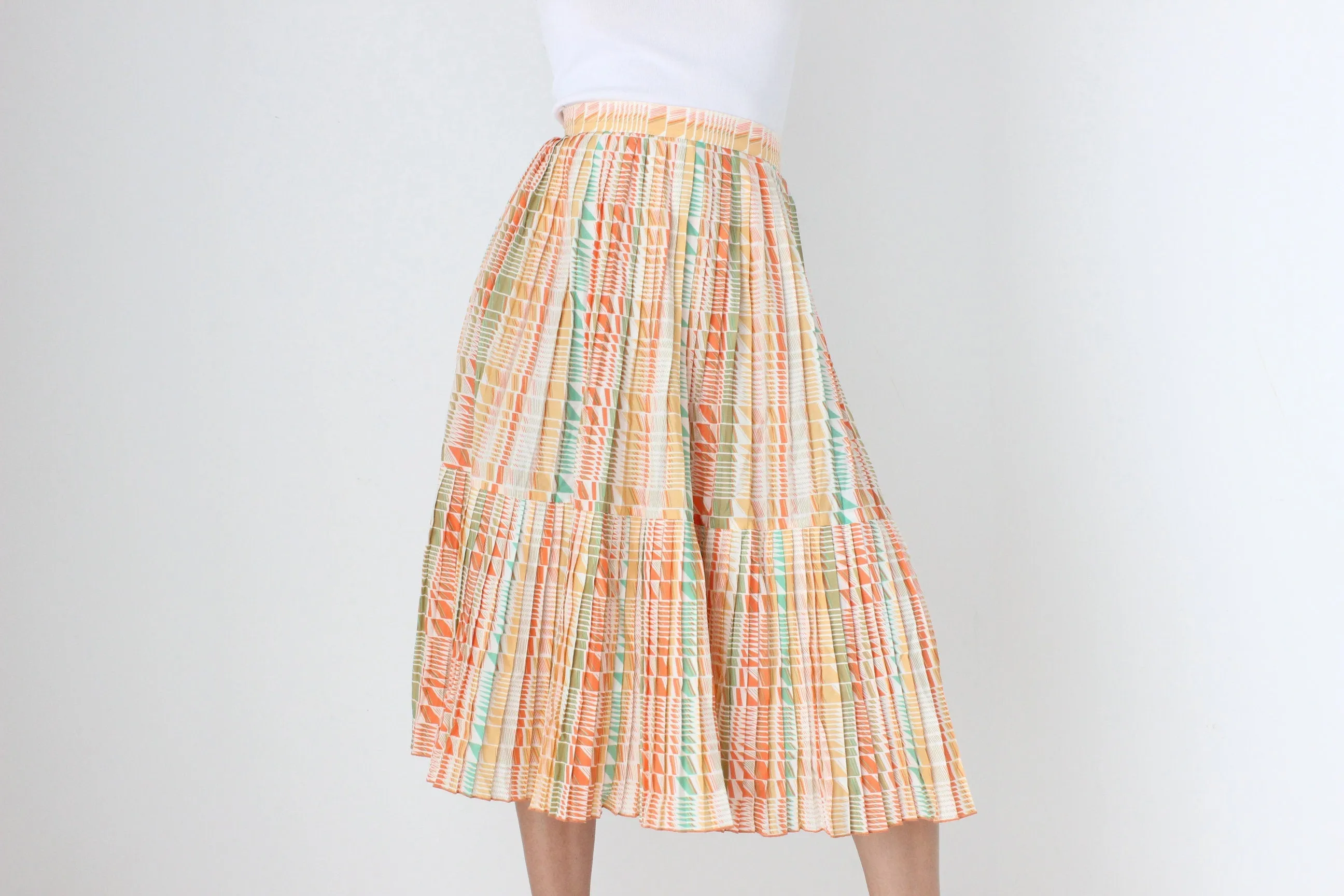 80s Pastel Checked Print Pleated High Waist Skirt