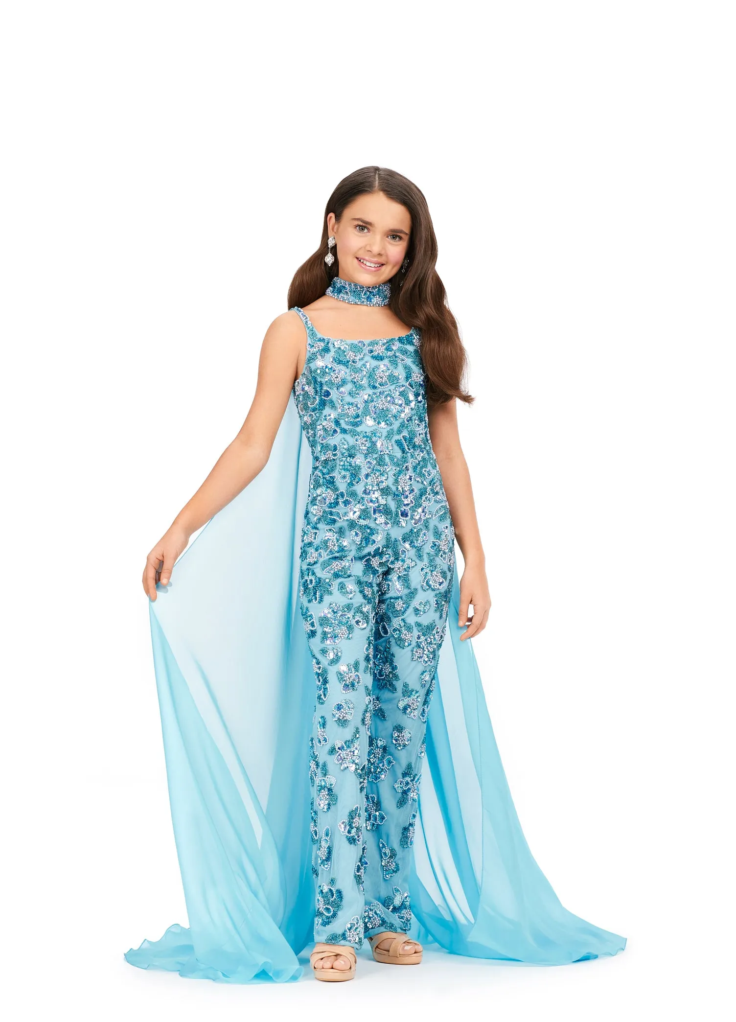 Ashley Lauren Kids 8190 Fully Beaded With Beaded Choker And Chiffon Cape Jumpsuit