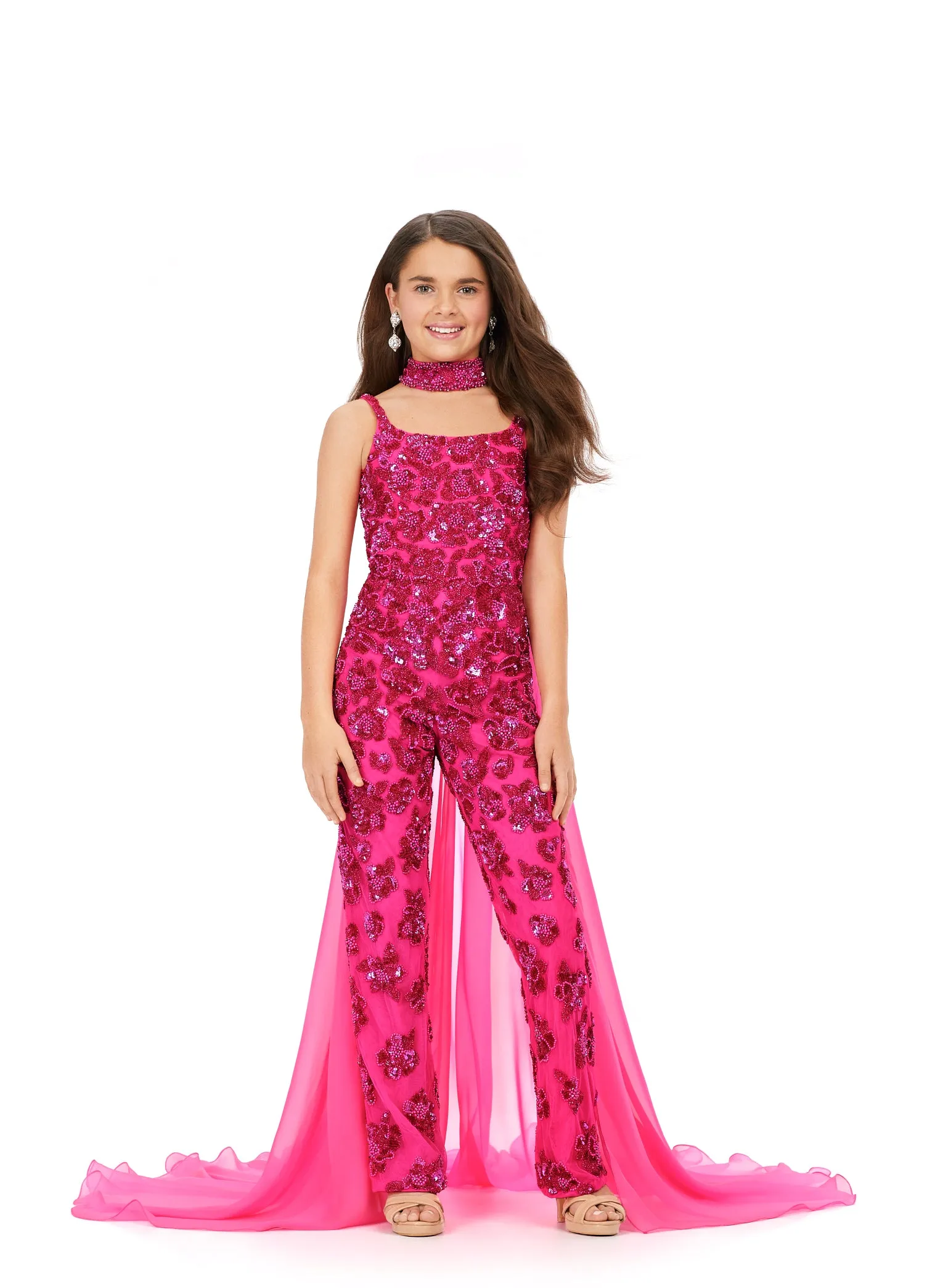 Ashley Lauren Kids 8190 Fully Beaded With Beaded Choker And Chiffon Cape Jumpsuit