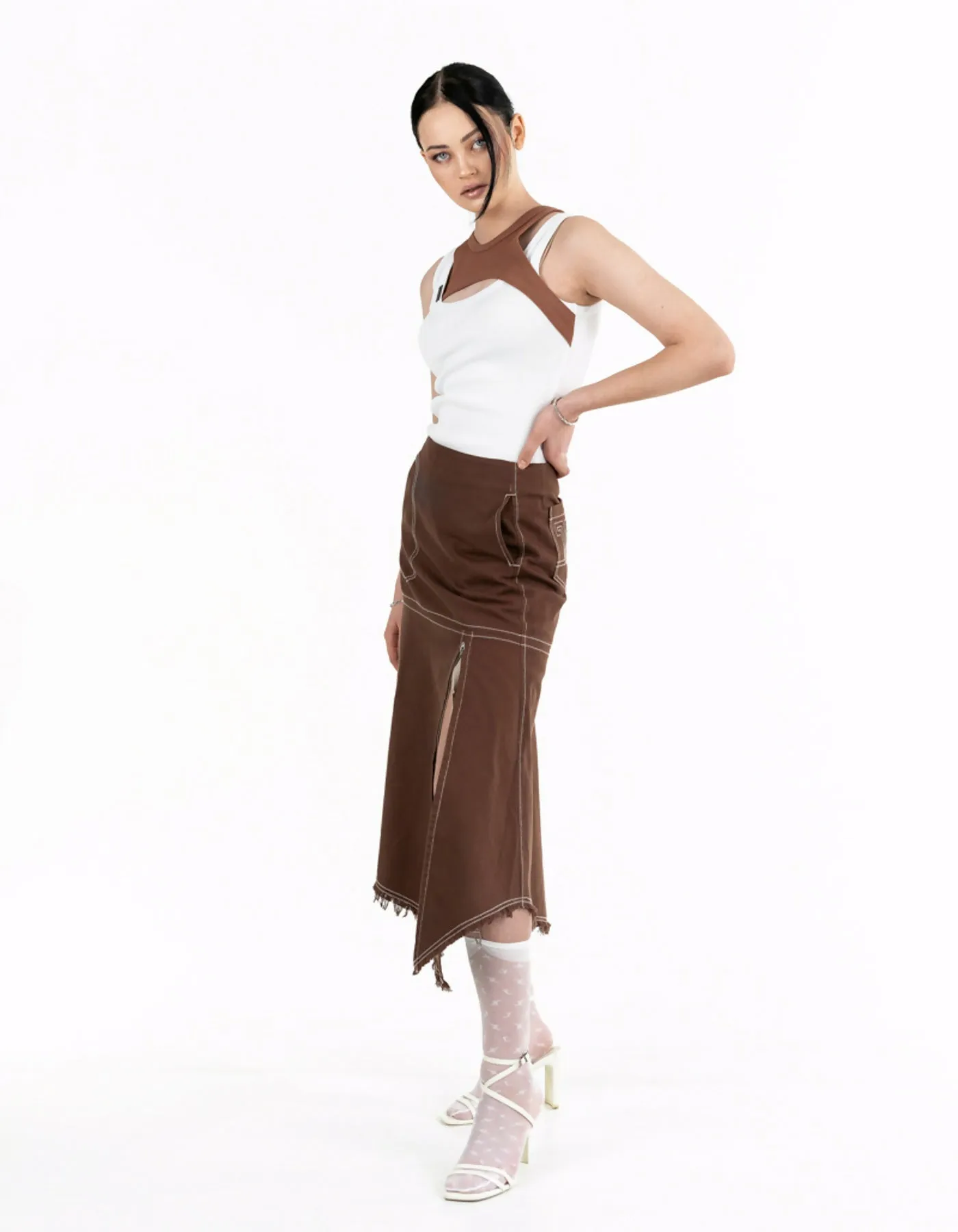 Asymmetric brown denim skirt