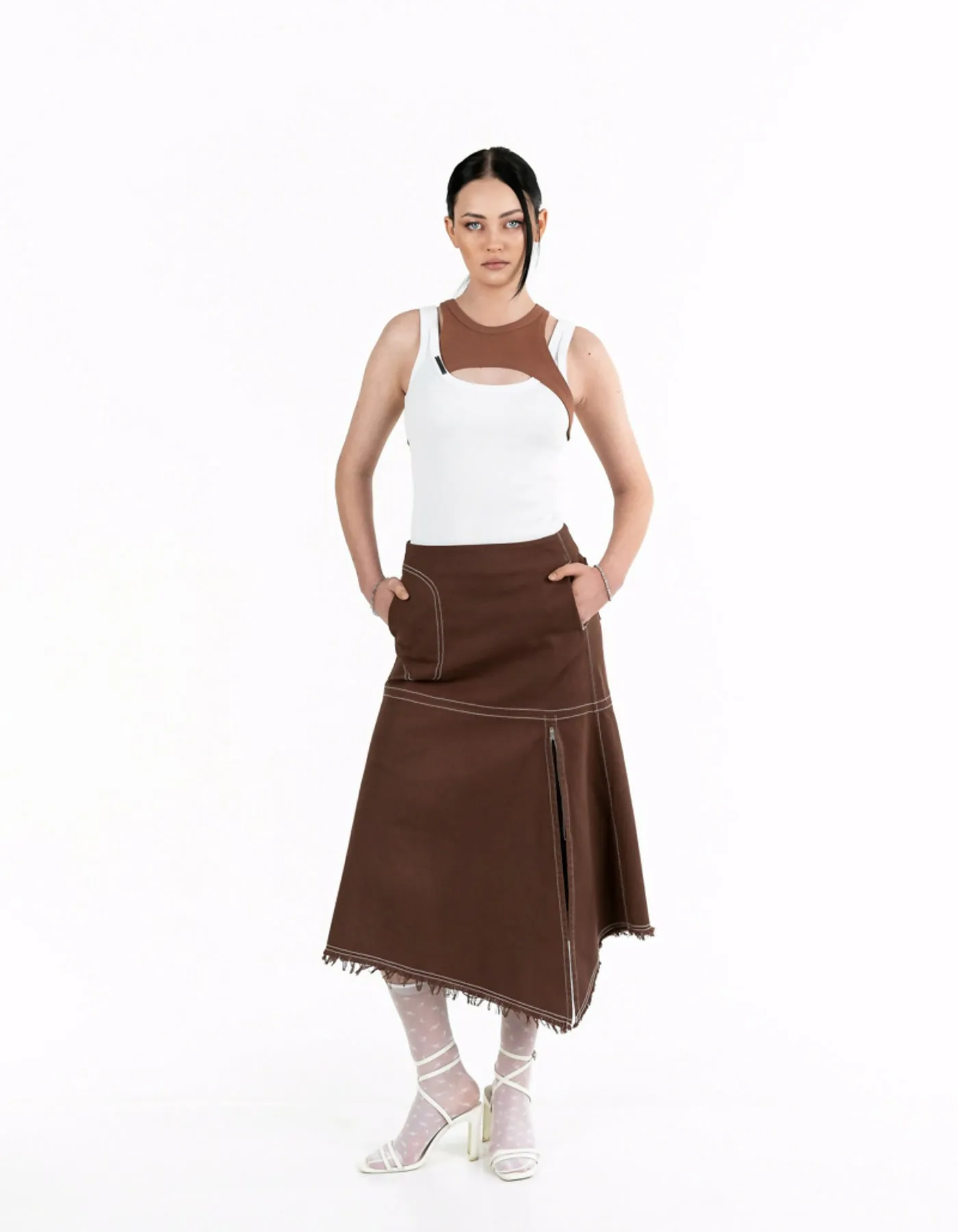 Asymmetric brown denim skirt