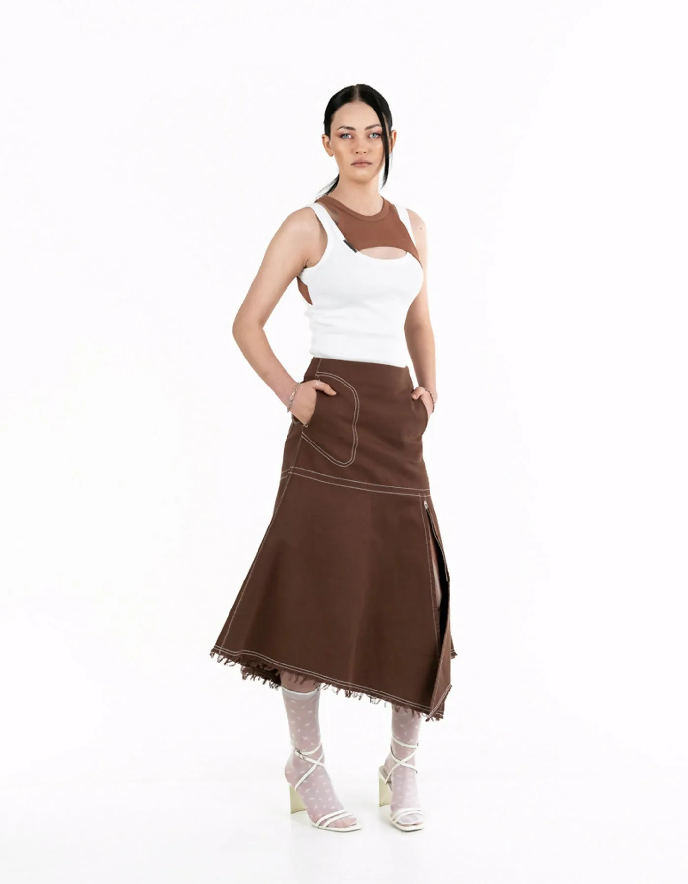 Asymmetric brown denim skirt