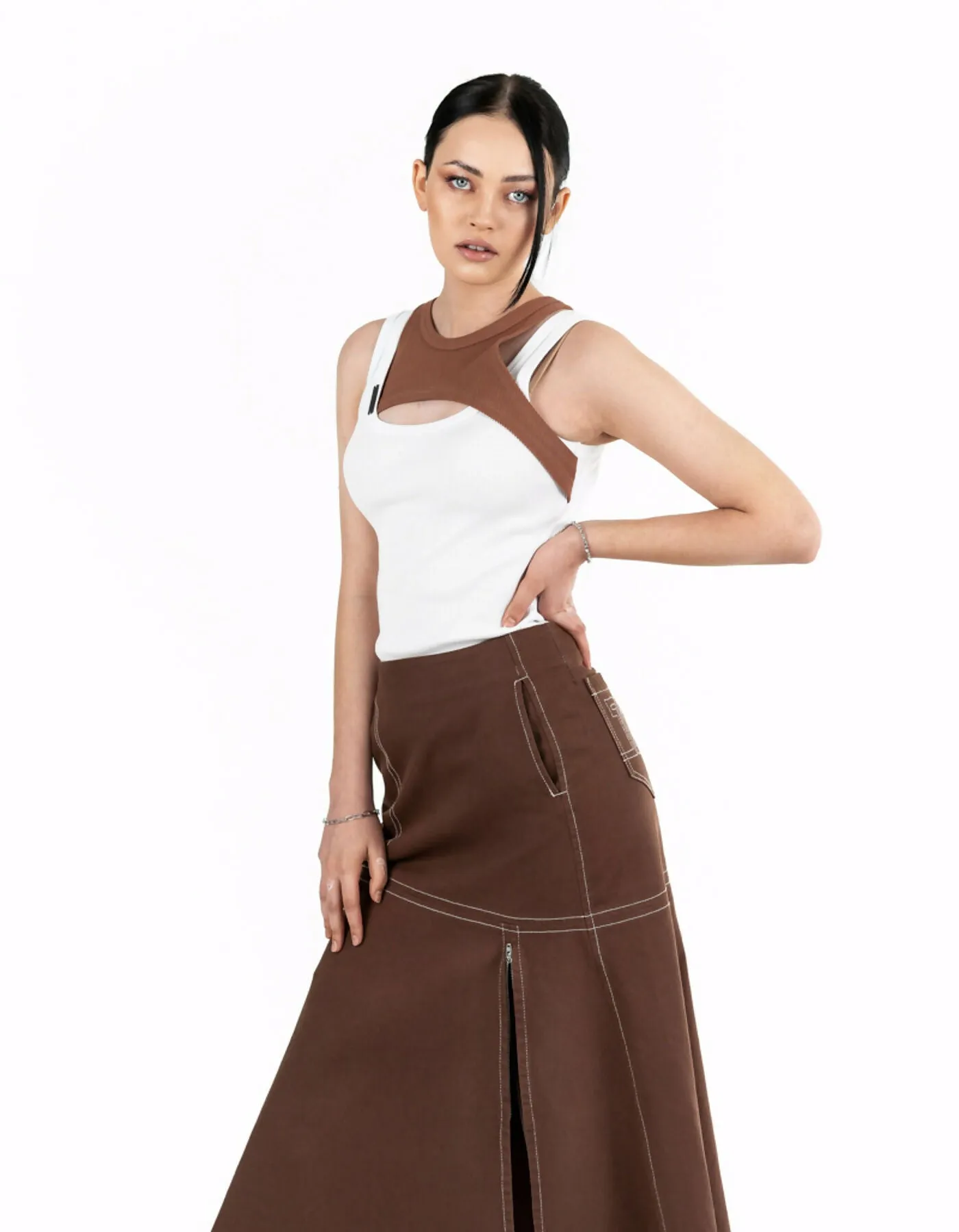 Asymmetric brown denim skirt