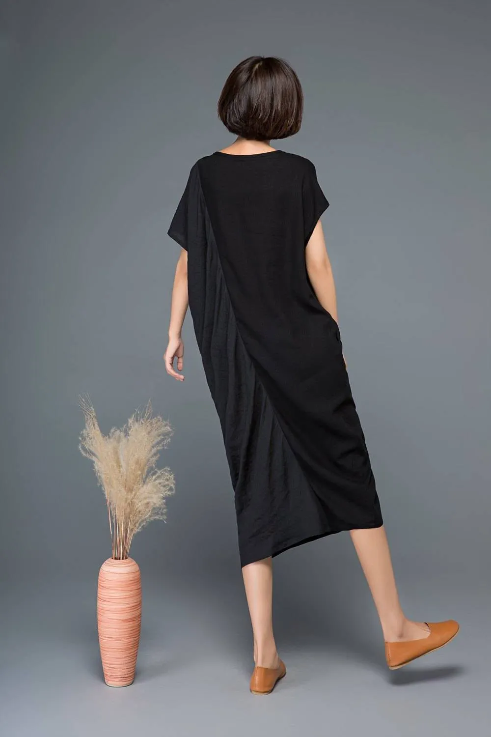 Black linen dress, linen dress, black dress, linen dresses for women, pocket dress, midi dress, summer dress, pluse size dress C1148