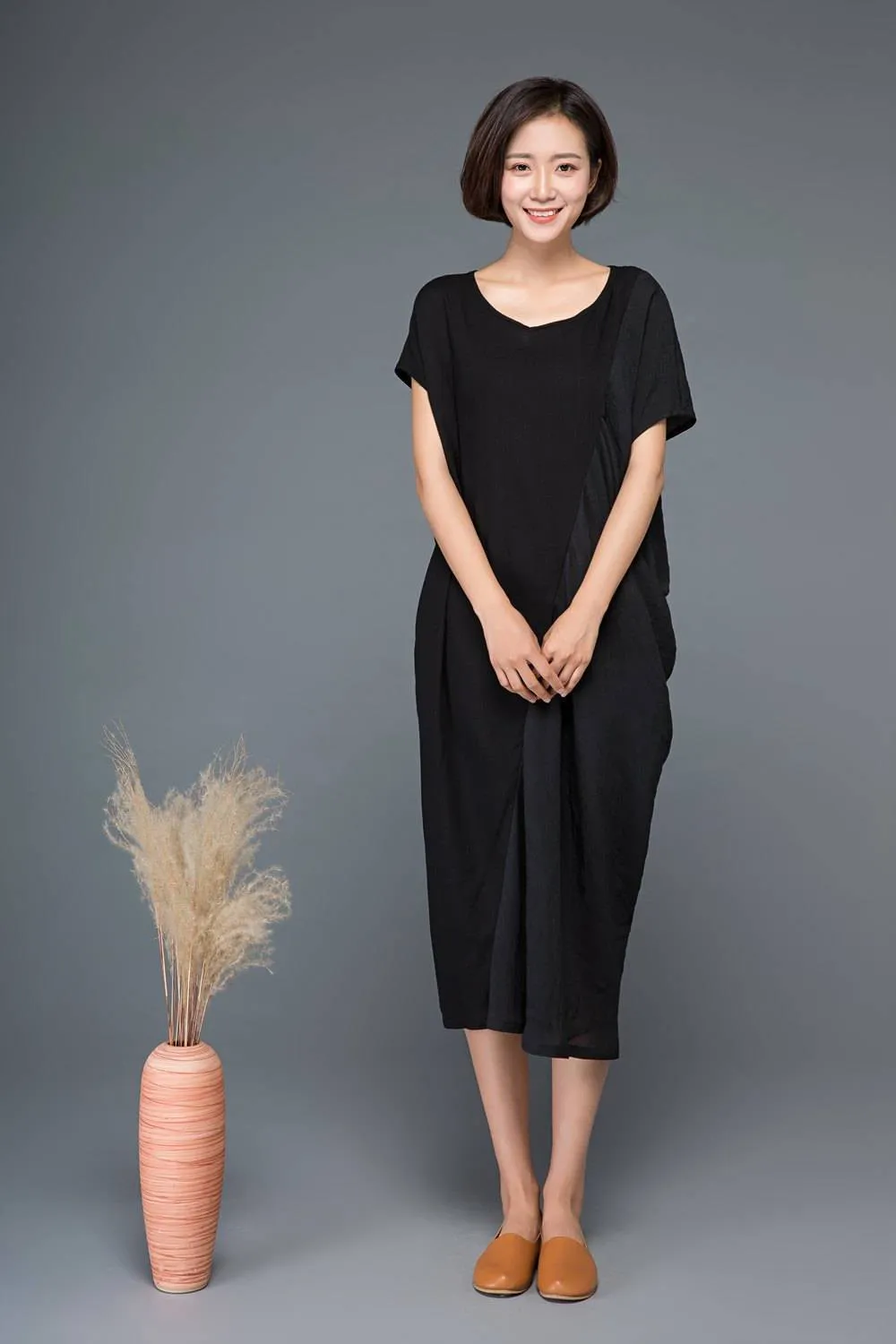 Black linen dress, linen dress, black dress, linen dresses for women, pocket dress, midi dress, summer dress, pluse size dress C1148