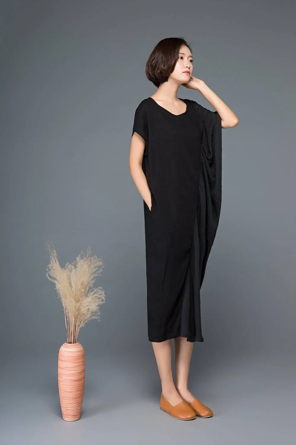 Black linen dress, linen dress, black dress, linen dresses for women, pocket dress, midi dress, summer dress, pluse size dress C1148