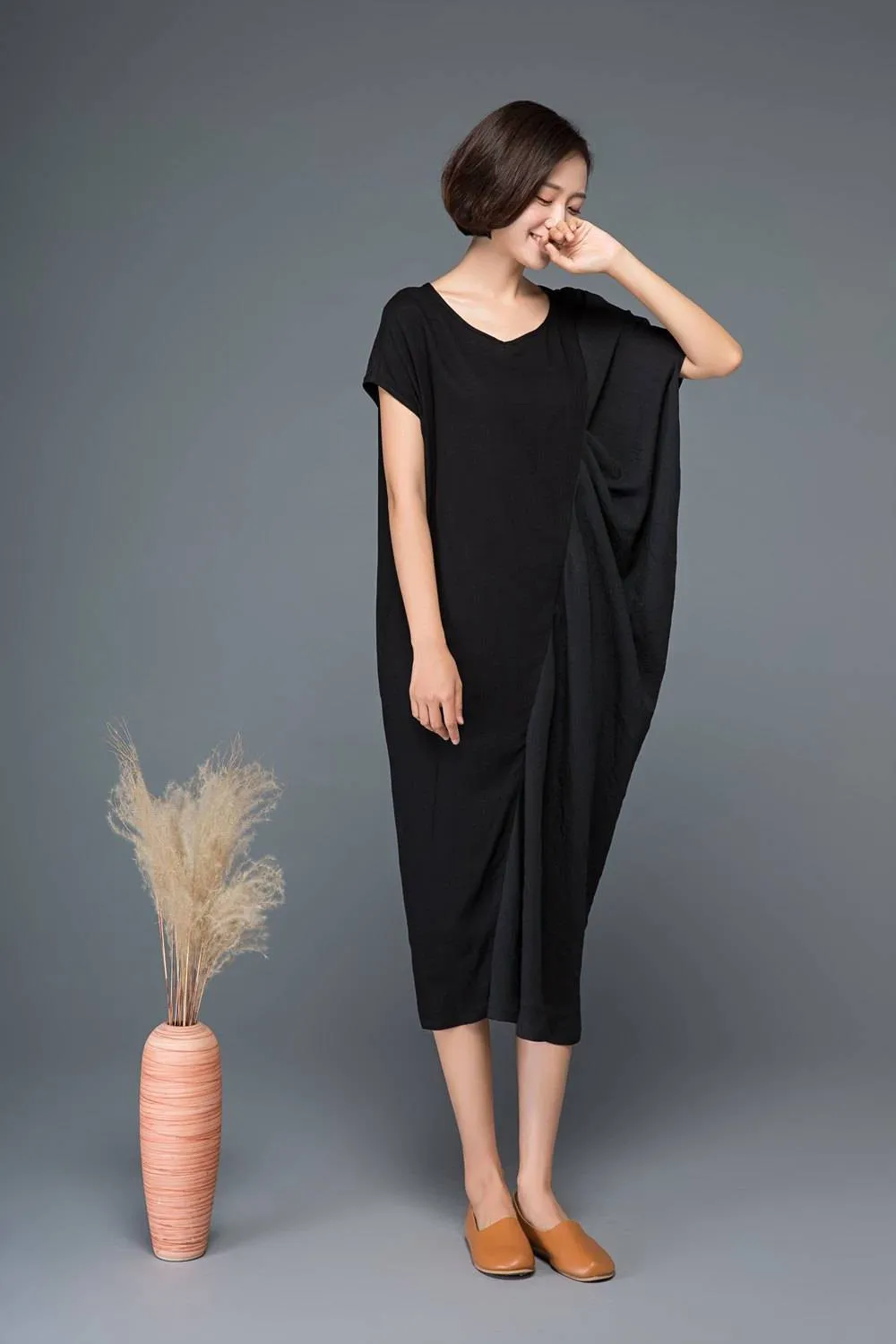 Black linen dress, linen dress, black dress, linen dresses for women, pocket dress, midi dress, summer dress, pluse size dress C1148