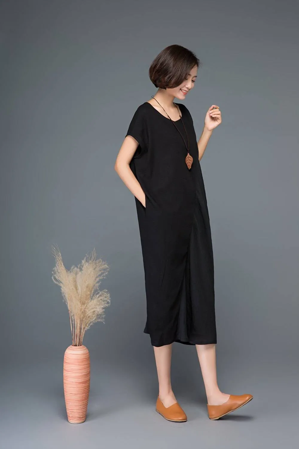 Black linen dress, linen dress, black dress, linen dresses for women, pocket dress, midi dress, summer dress, pluse size dress C1148