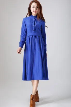 Blue dress woman Linen dress custom made long dress with pleated detail 798#