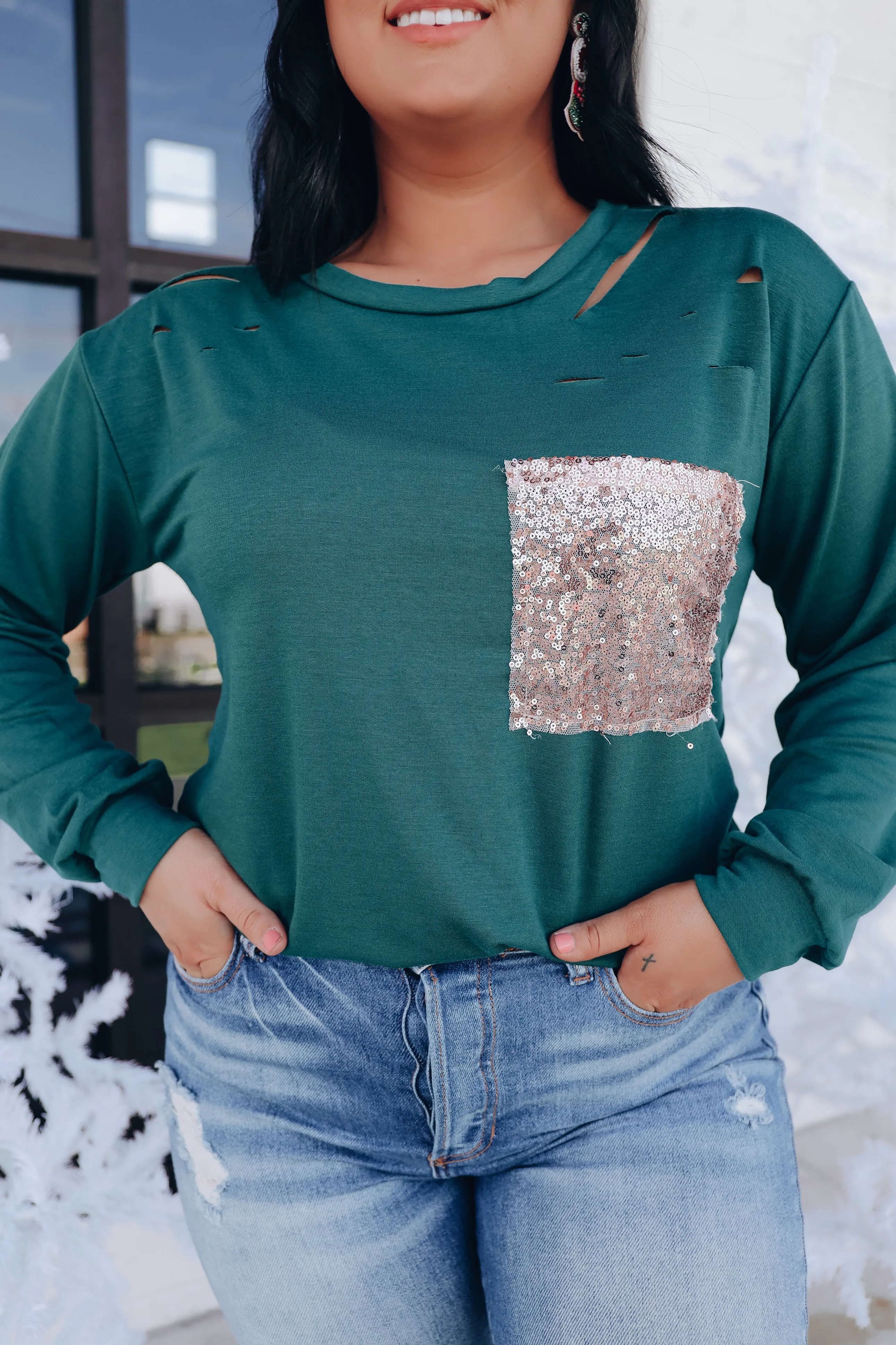 Chiara Cut Out Sequin Pocket Top- Green