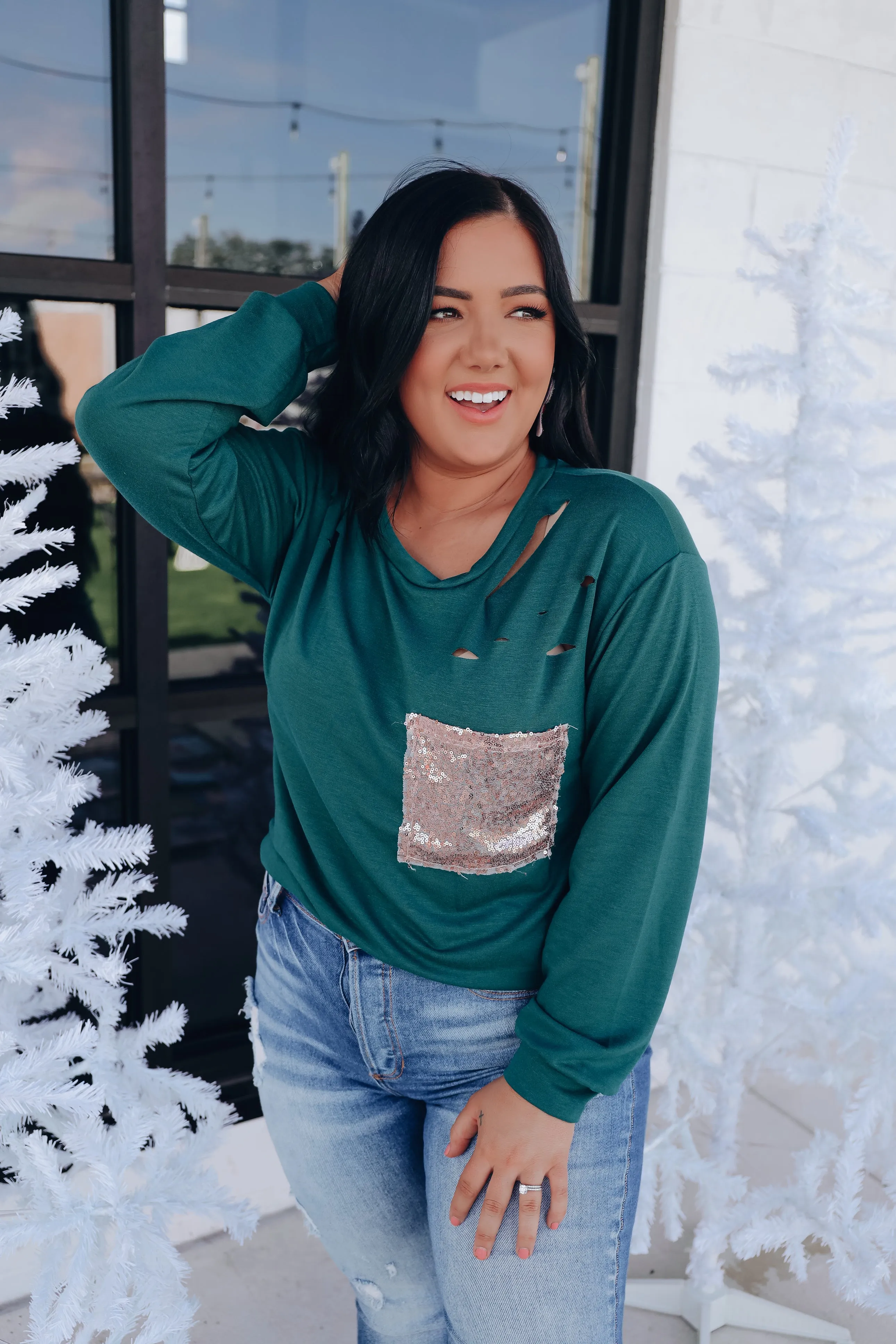 Chiara Cut Out Sequin Pocket Top- Green