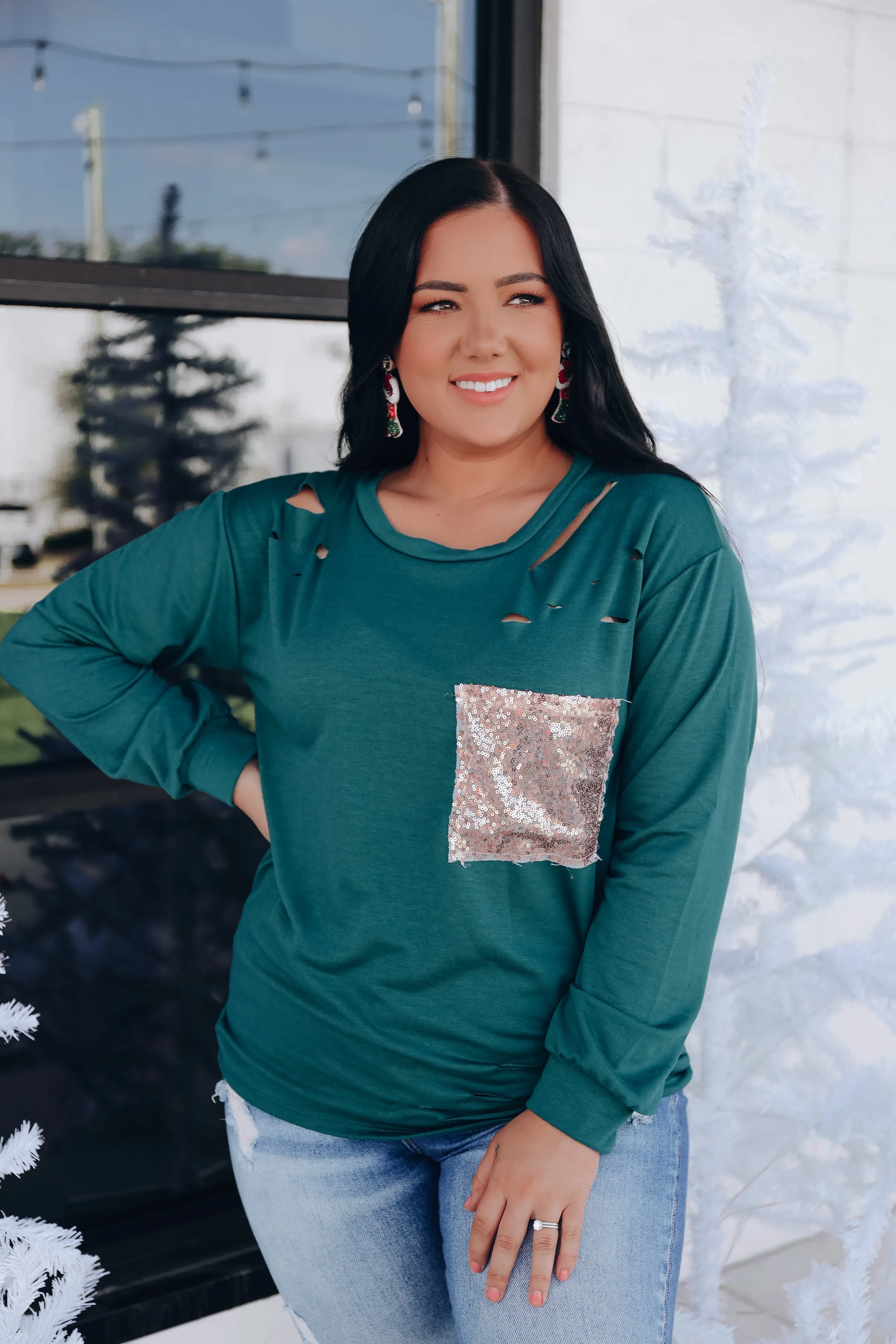 Chiara Cut Out Sequin Pocket Top- Green