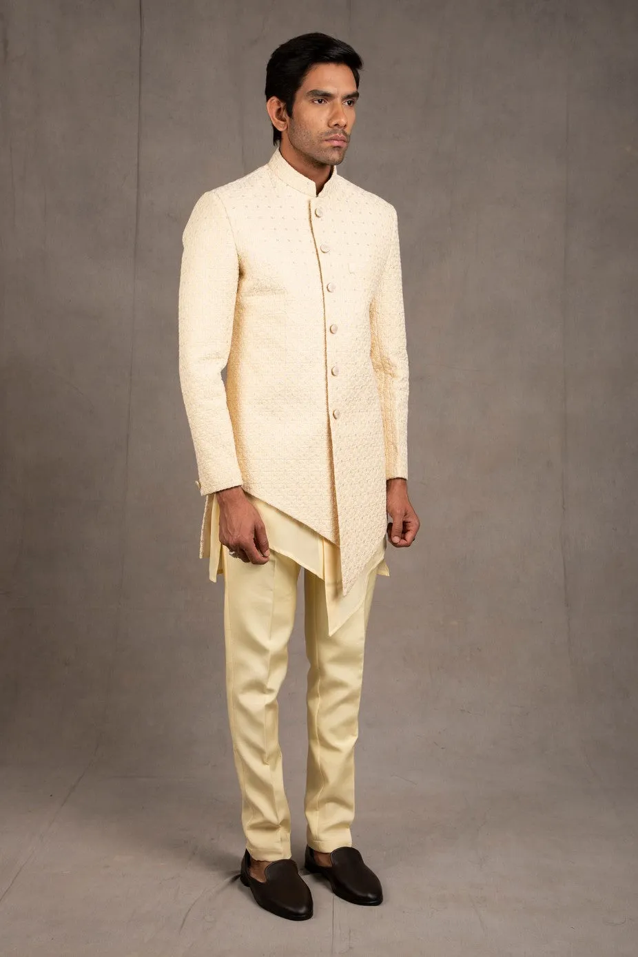 Cream Embroidered Short Asymmetric Achkan Set