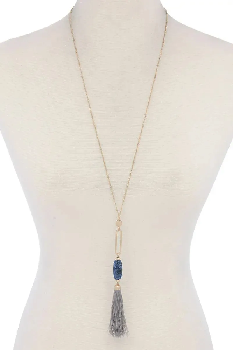 Cut Out Long Oval Bead Tassel Pendant Necklace