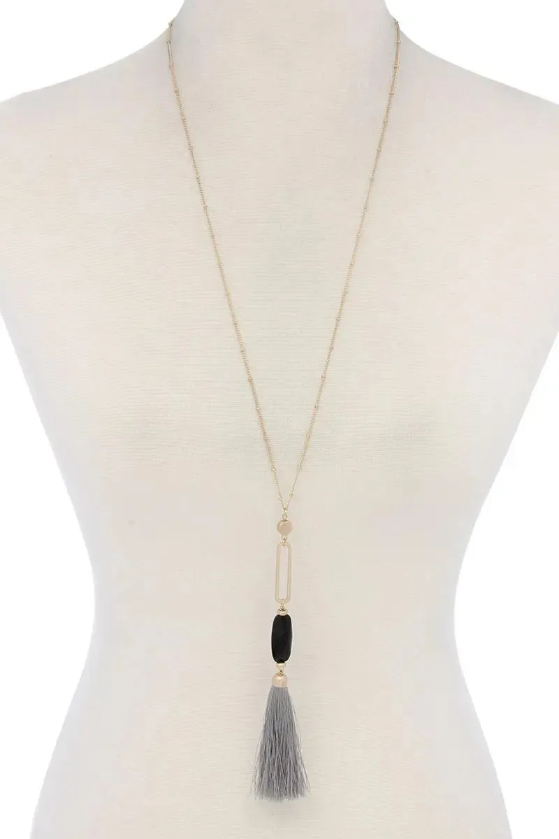 Cut Out Long Oval Bead Tassel Pendant Necklace