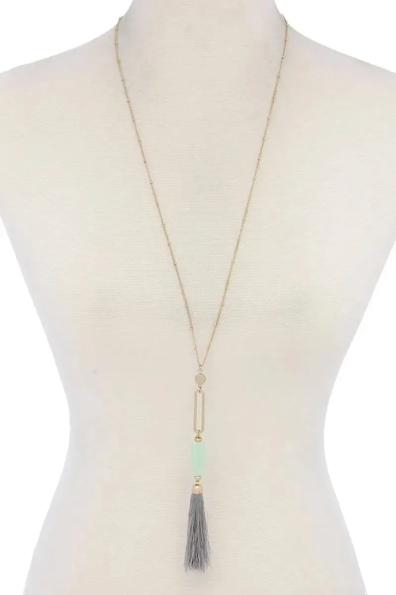 Cut Out Long Oval Bead Tassel Pendant Necklace