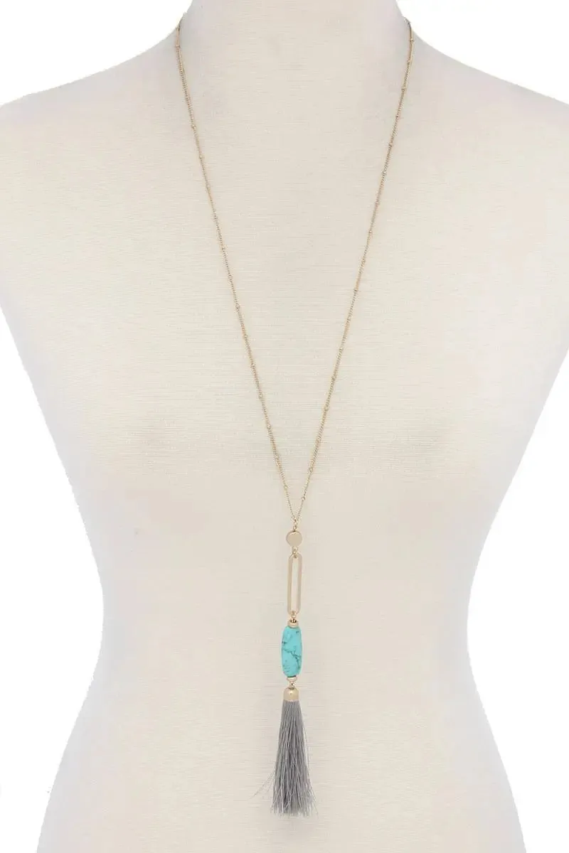 Cut Out Long Oval Bead Tassel Pendant Necklace