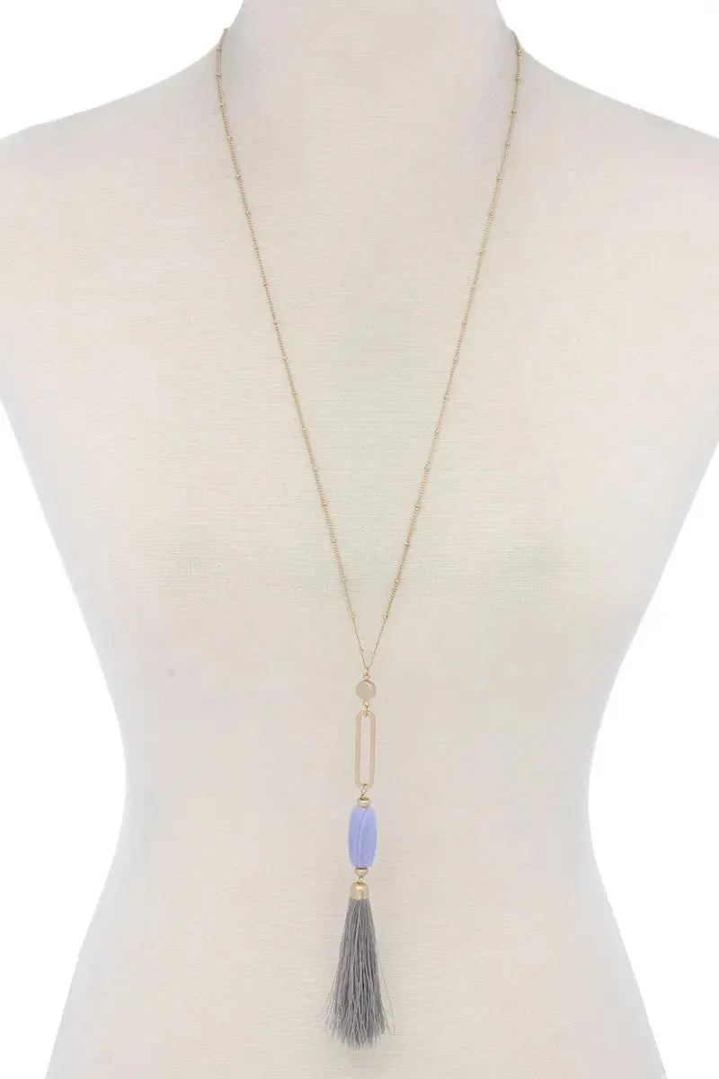 Cut Out Long Oval Bead Tassel Pendant Necklace