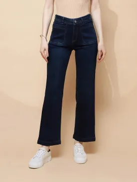 Dark Blue Cotton Blend Straight Relaxed Fit Jeans For Women