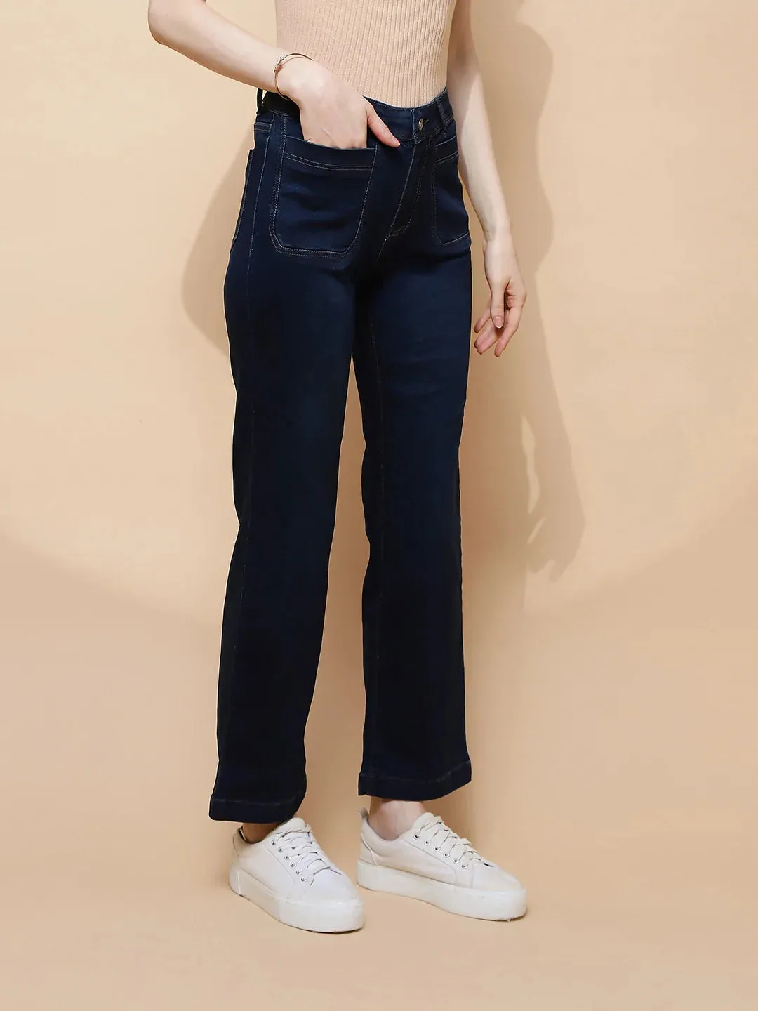 Dark Blue Cotton Blend Straight Relaxed Fit Jeans For Women
