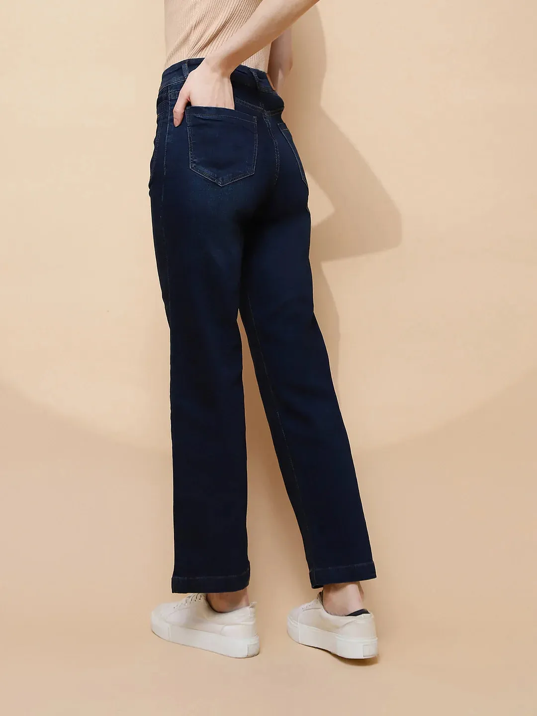 Dark Blue Cotton Blend Straight Relaxed Fit Jeans For Women