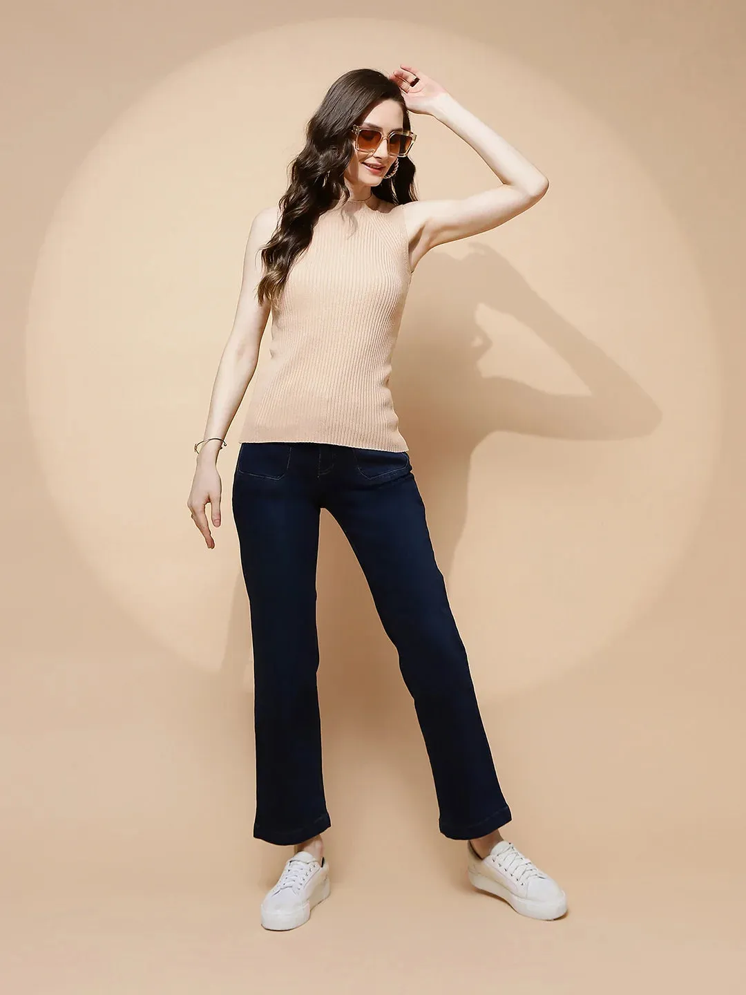 Dark Blue Cotton Blend Straight Relaxed Fit Jeans For Women