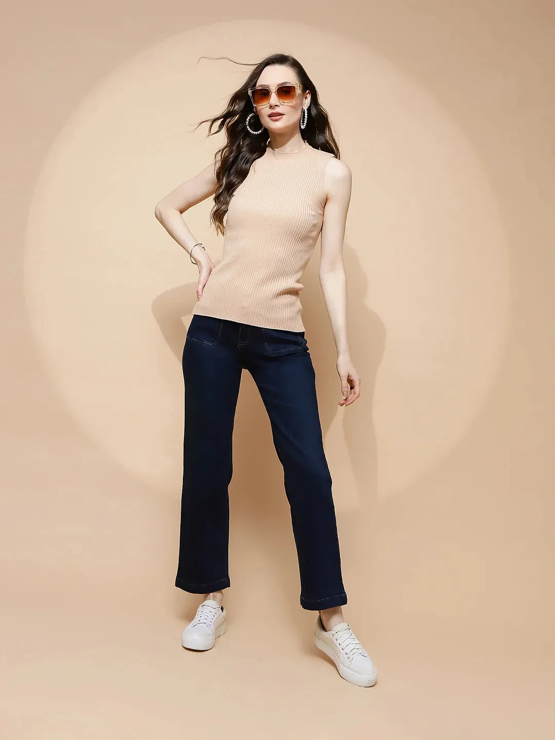 Dark Blue Cotton Blend Straight Relaxed Fit Jeans For Women