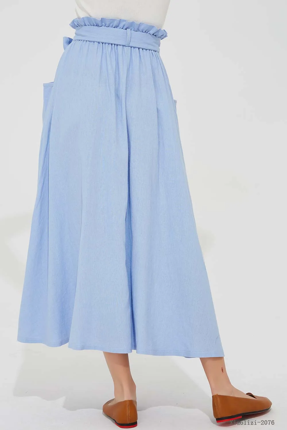 elastic waist blue linen skirt, long linen skirt 2076