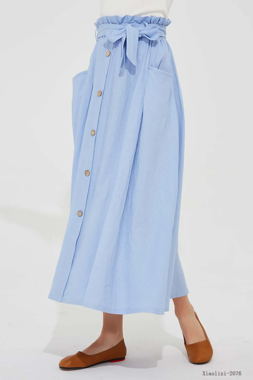 elastic waist blue linen skirt, long linen skirt 2076