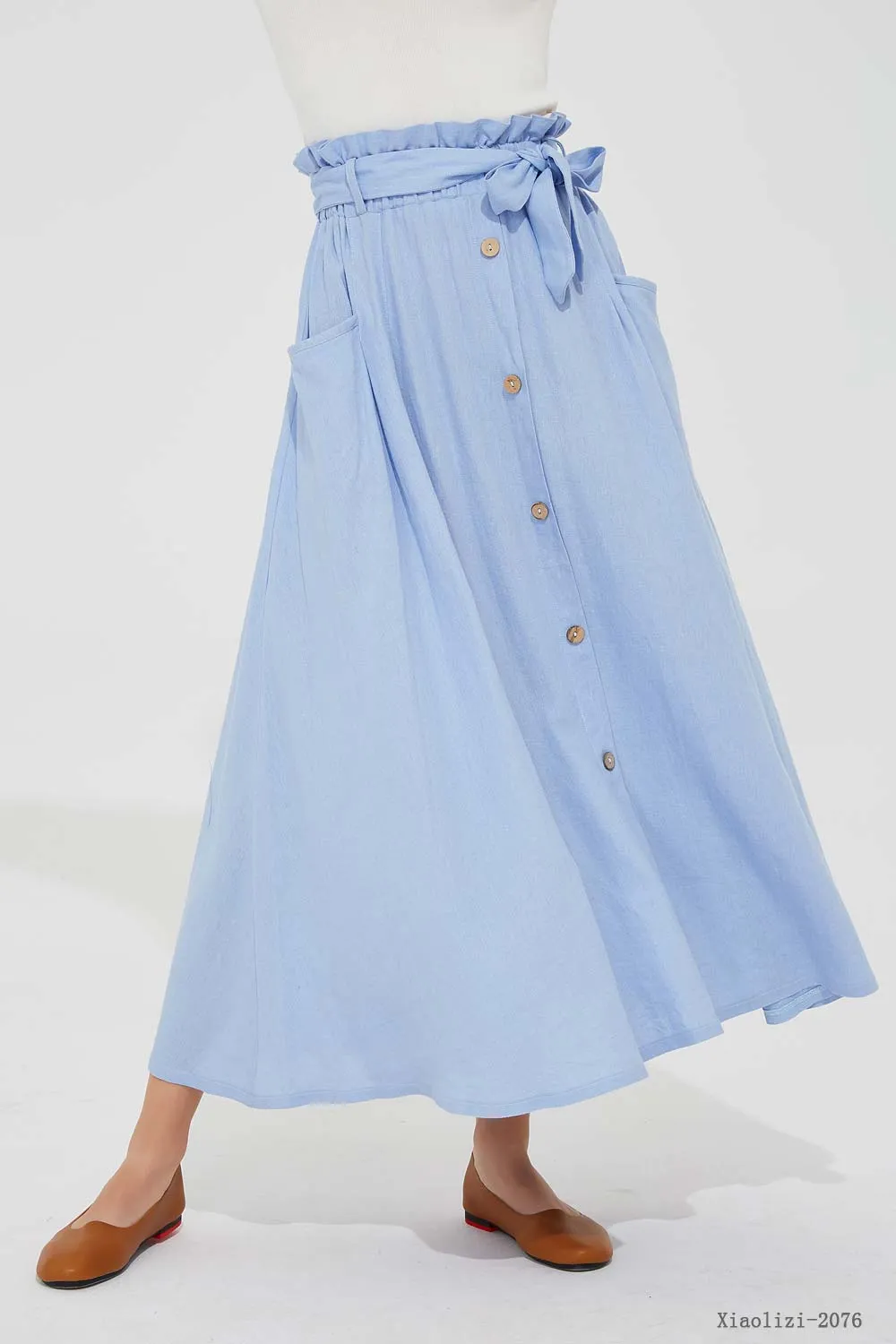 elastic waist blue linen skirt, long linen skirt 2076