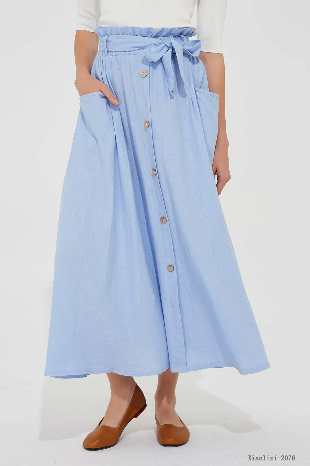 elastic waist blue linen skirt, long linen skirt 2076