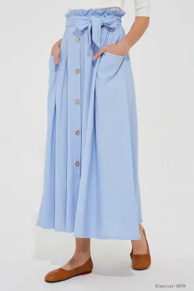 elastic waist blue linen skirt, long linen skirt 2076