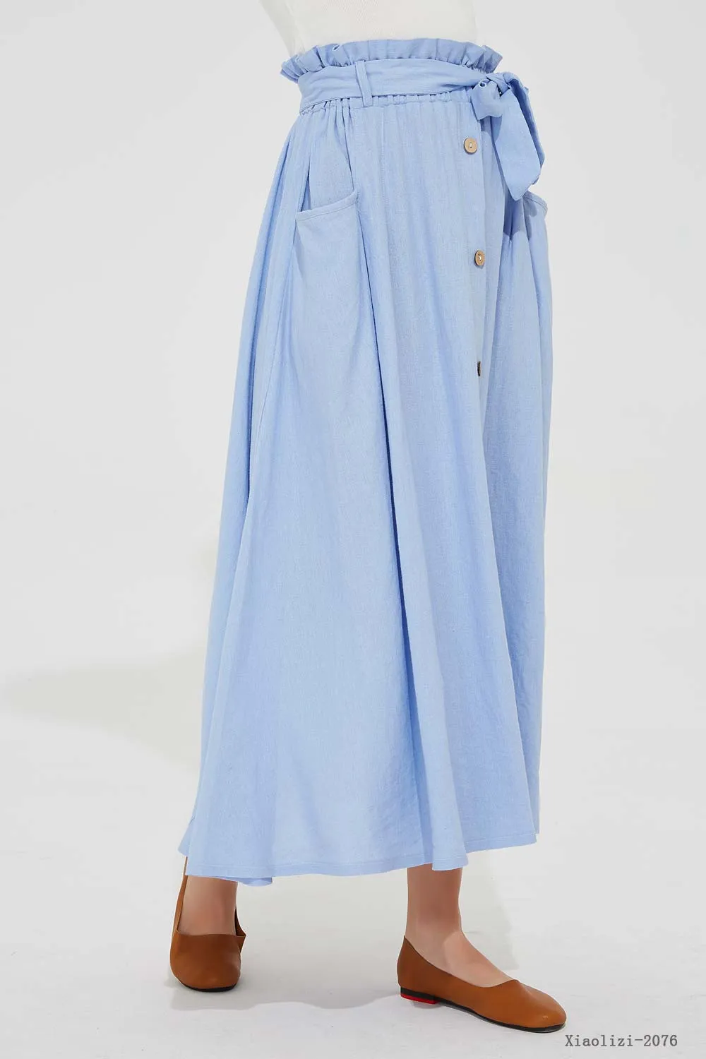 elastic waist blue linen skirt, long linen skirt 2076