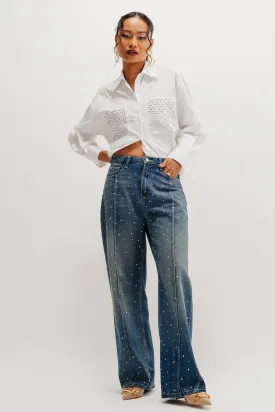 Embellished Front Tucked Straight Jeans