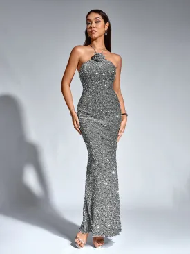 Halter Stereo Flower Sequin Mermaid Dress