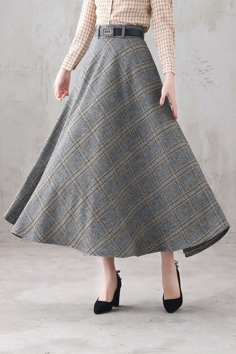 High Waist Vintage Inspired Tartan Wool Skirt 3293#