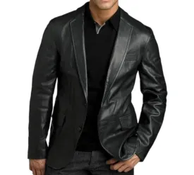 Inserch Men's Black Blazer Jacket Genuine Leather Classic-Fit