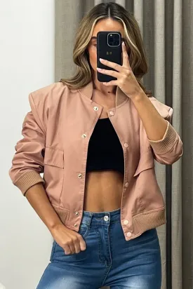 Kienna Rose Beige Pocket Detail Cropped Cargo Bomber Jacket