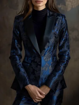 Midnight Blue Jacquard Blazer with Subtle Floral Motifs