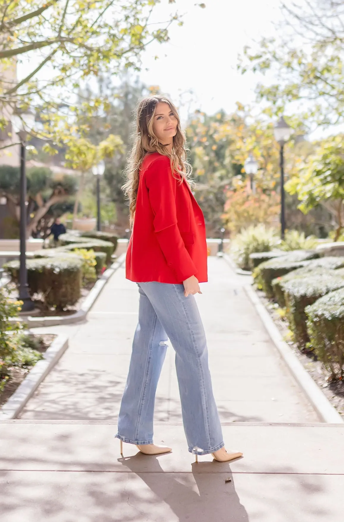 Monique Long Sleeve Notched Lapel Blazer Red