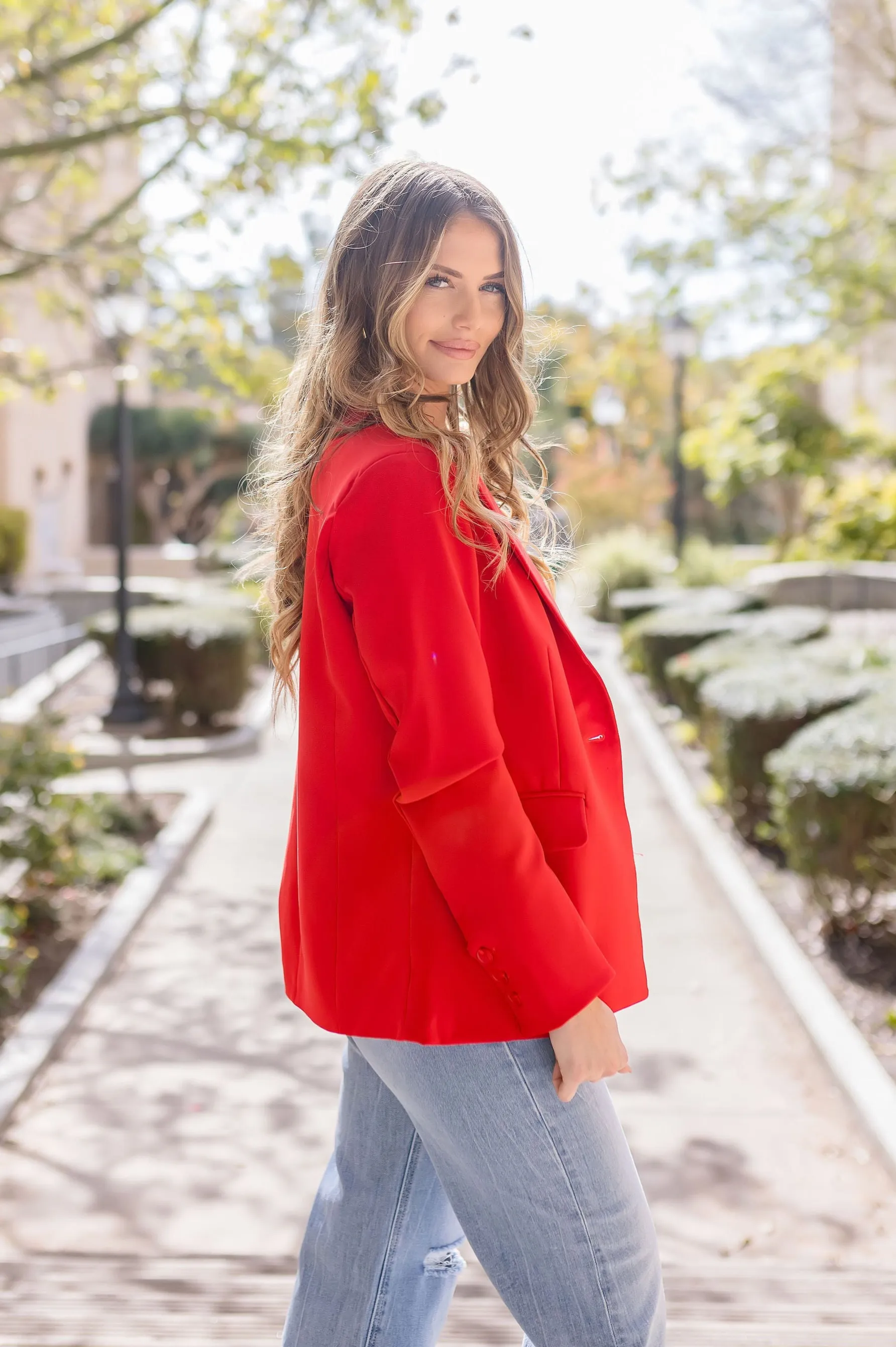 Monique Long Sleeve Notched Lapel Blazer Red